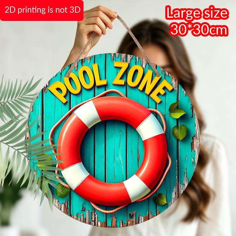 2D Flat Aluminum Decorative Signs and Plaques for Pool Areas, Available in Various Sizes. Vintage Life Rings and Distressed Wood Paneling Wall