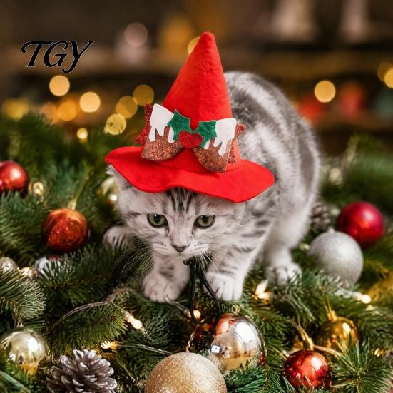 Adjustable Pet Wizard Hat Cat Pointed Christmas Hat, with Bow, Cute Festive Costume Accessories Witch for Small to Medium Cats, Holiday Party