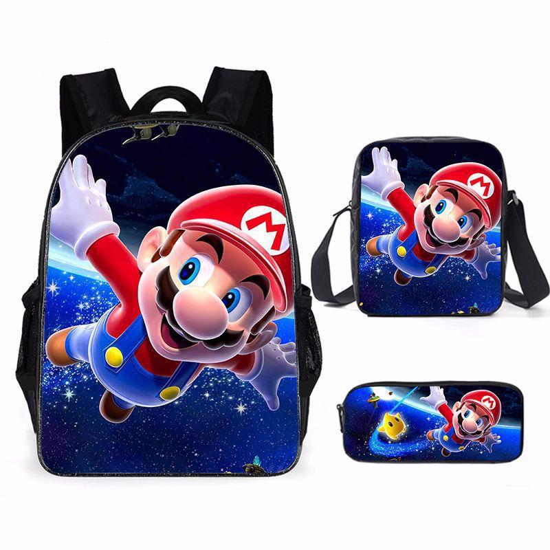 Mario Cartoon Backpack Set 3-in-1 Student Laptop Backpack Shoulder Bag Pencil Case Kids School Bag