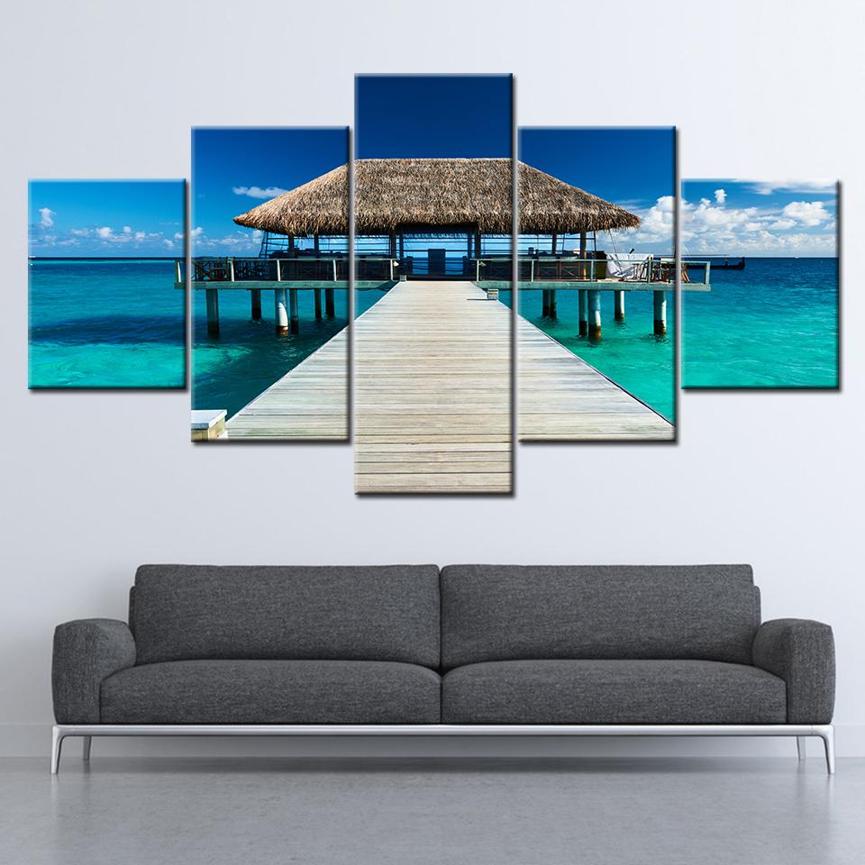 Canvas Painting Seaside cottage summer landscape 5 Pieces Wall Art Painting Modular Wallpapers Poster Print Home Decor