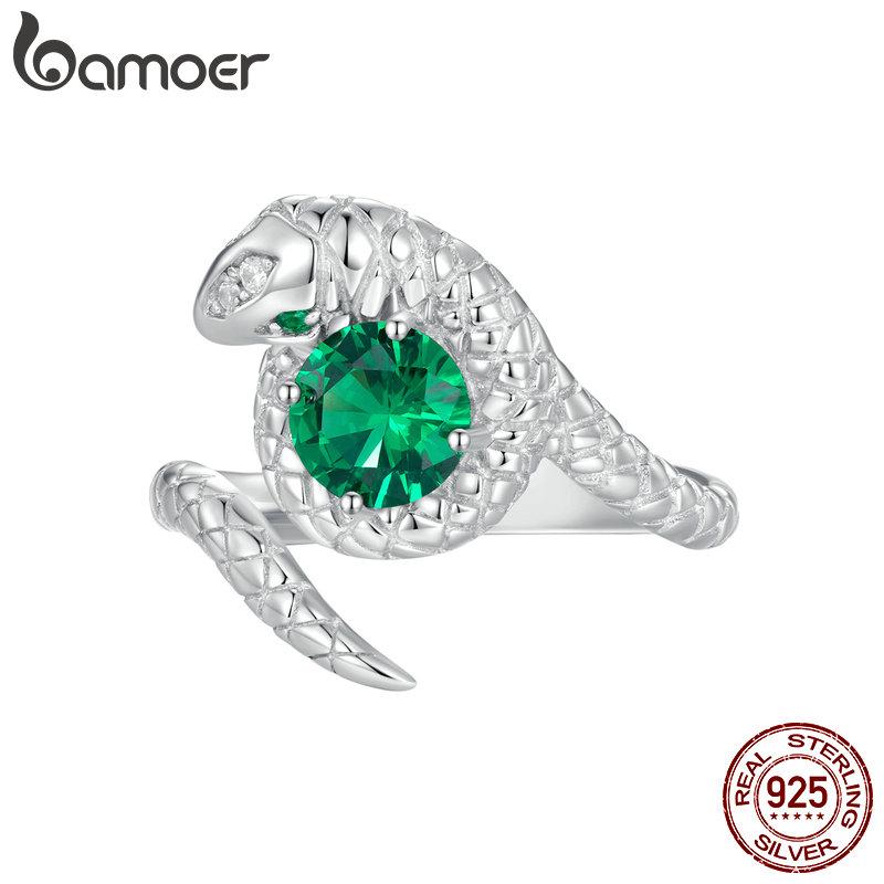 BAMOER 925 Sterling Silver Green Spinel Opening Ring Vivid Snake Adjustable Ring for Women Cubic Zirconia Fine Jewelry