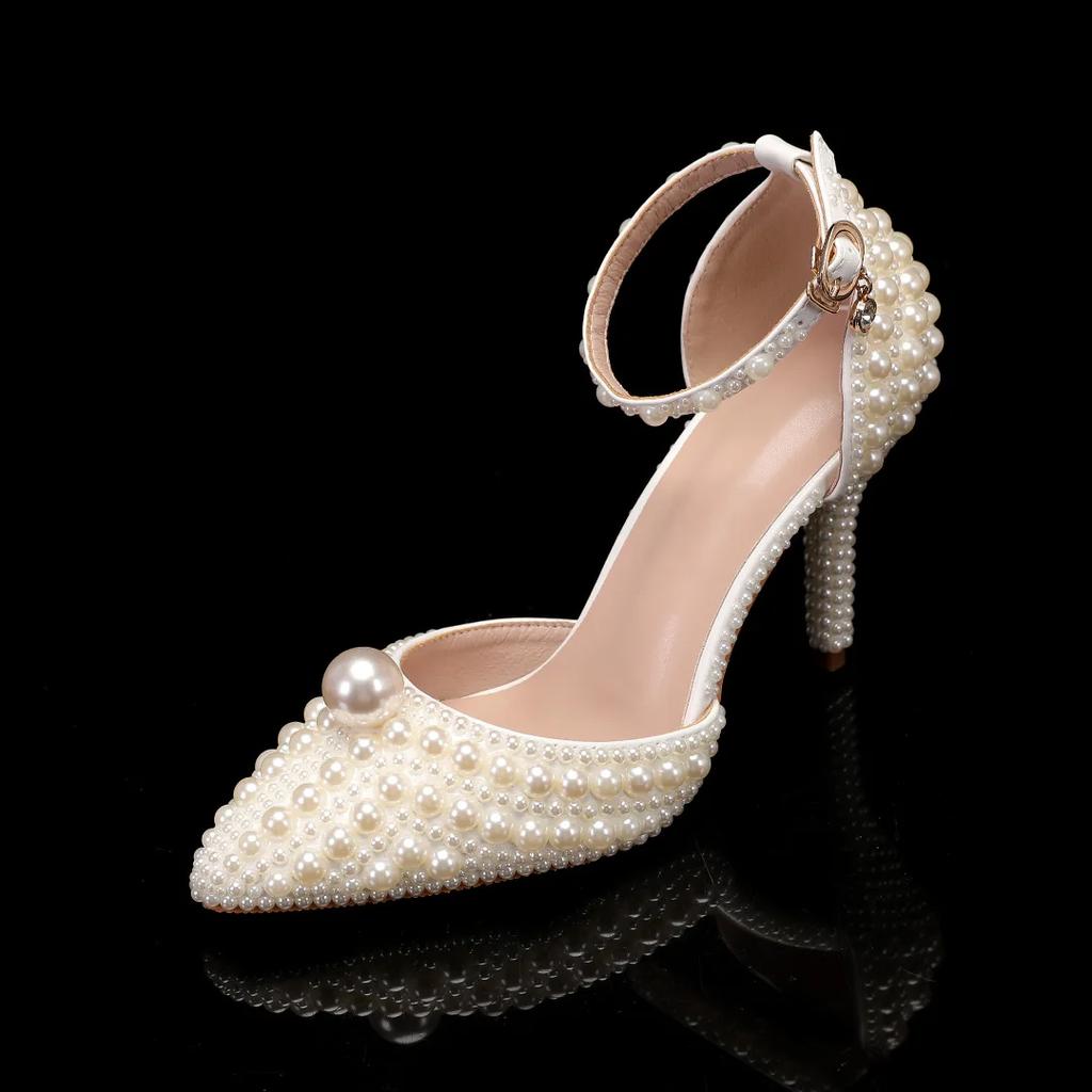 2024 Новые 9-сантиметровые каблуки с острым носком, белые жемчужные свадебные банкетные туфли на высоком каблуке, роскошные женские босоножки на высоком каблуке