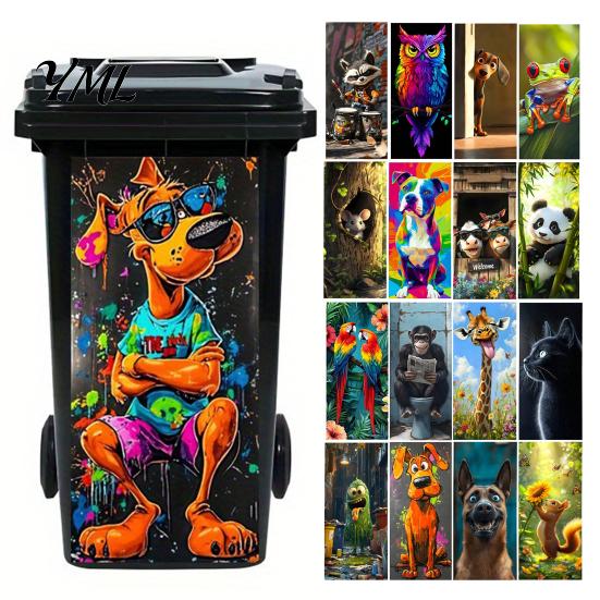Decorative Garbage Bin Stickers Cartoon Animal Trash Can Sticker, Colorful Self-Adhesive PVC Decal, Waterproof Cute Creative Makeover Cat Dog Sticker
