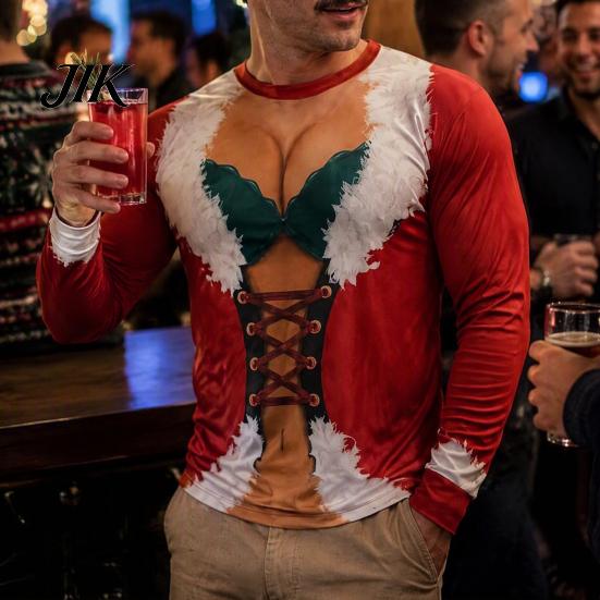 Holiday Party Apparel Funny Christmas Shirt, Hilarious 3D Fake Corset Chest Print Crew Neck Themed Cosplay Pullover Top, Novelty Long Sleeve Festival