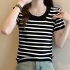 Женские свитера, пуловеры, 2025, лето, короткий рукав, О-образный вырез, полосатый белый черный вязаный свитер, женские топы, пуловер JJ215