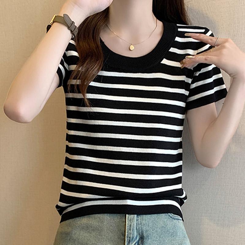 Женские свитера, пуловеры, 2025, лето, короткий рукав, О-образный вырез, полосатый белый черный вязаный свитер, женские топы, пуловер JJ215