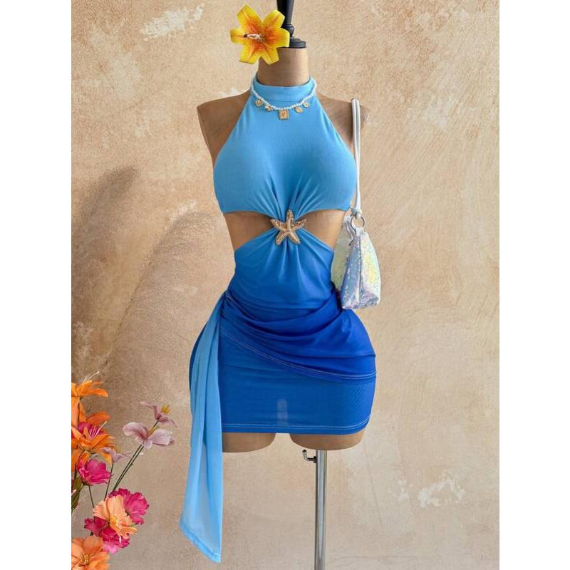 Summer Sexy High Neck Halter Mini Dress Starfish Decor Cut Out Waist Ruched Draped Tie Bodycon Vacation Beach Party Short Dress for Date Night Wear