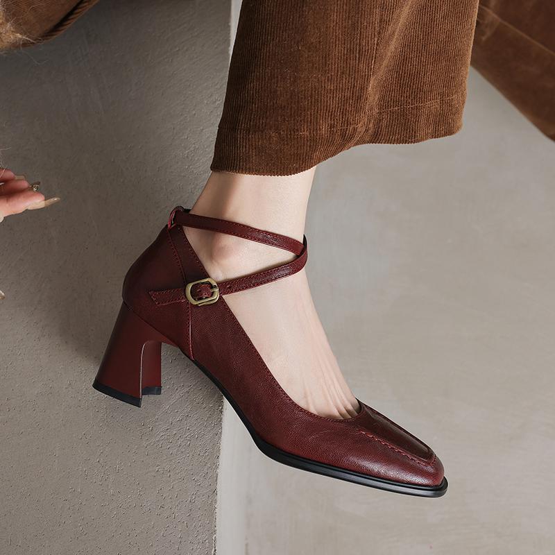 Мода 2025 Новые Весенние Туфли из Натуральной Кожи Повседневный Стиль Квадратный Носок Высокий Каблук Туфли-Лодочки Ремешок с Пряжкой Женская Обувь Модная Женская Обувь