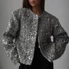Round Neck Sequin Tweed Blazer Women's Embroidered Bead Coat Elegant Office Lady Long Sleeved Jacket New Fashion Spring and Autumn