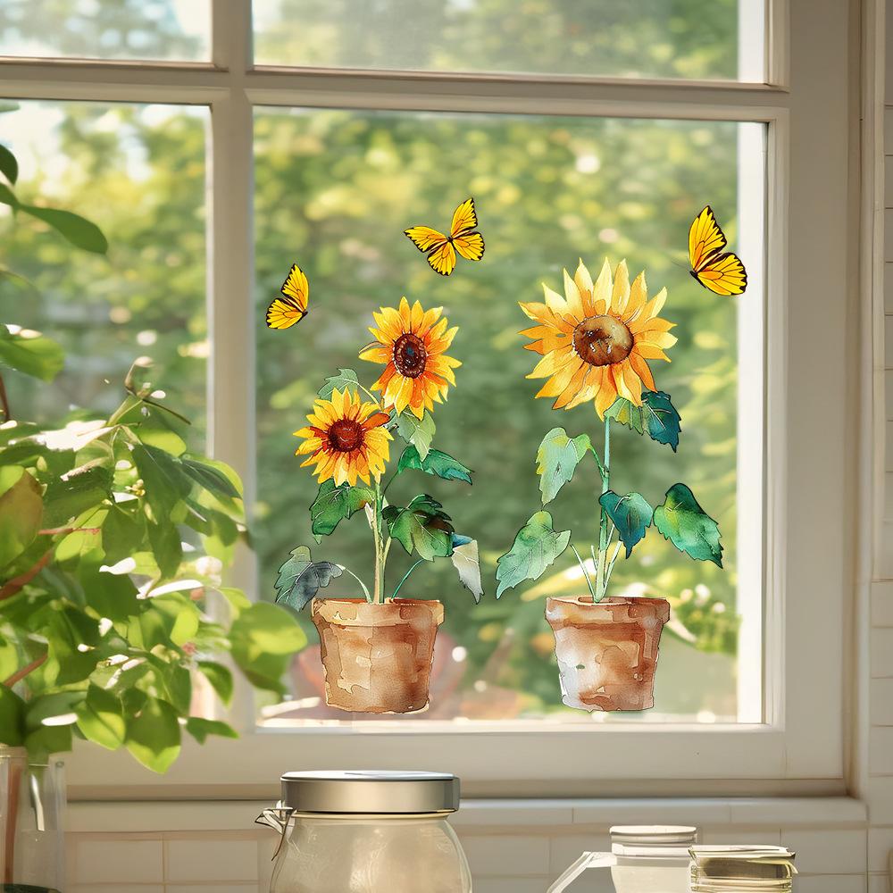 Removable Sunflower Potted Butterfly Wall Sticker For Bedroom Living Room Foyer Home Background Decoration Self-adhesive 3