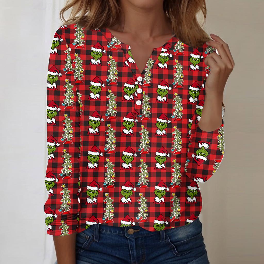 Women's Fashion Casual V-Neck Long Sleeve Decorative Button Christmas Print Top