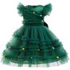 Kids Xmas Party Dress Girls Christmas Tree Tutu with Pompoms Flying Sleeve for Holiday Photo Shoot Celebration