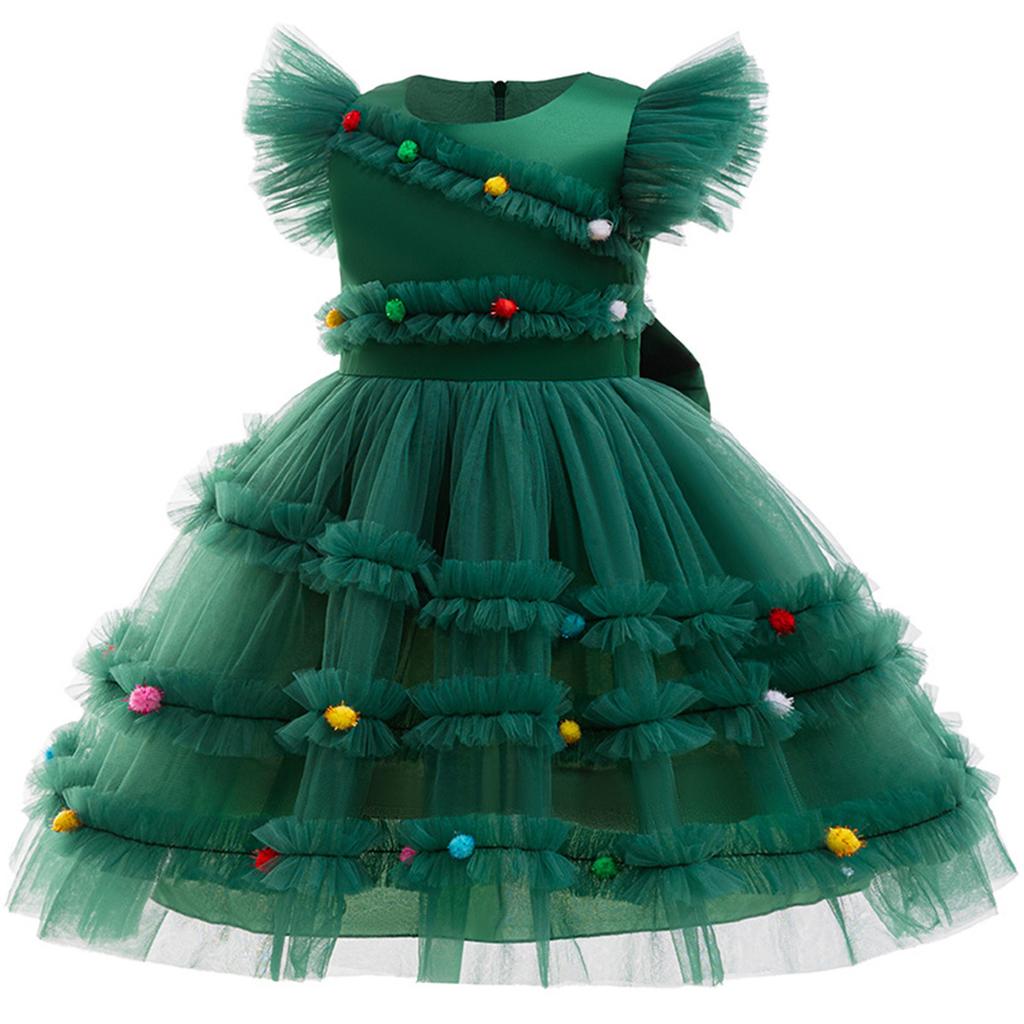 Kids Xmas Party Dress Girls Christmas Tree Tutu with Pompoms Flying Sleeve for Holiday Photo Shoot Celebration