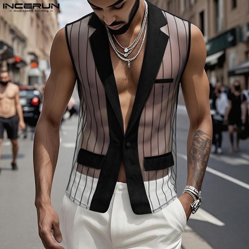 INCERUN Men Lapel Neck Sleeveless See Through Mesh Transparent Striped Blazer Tops