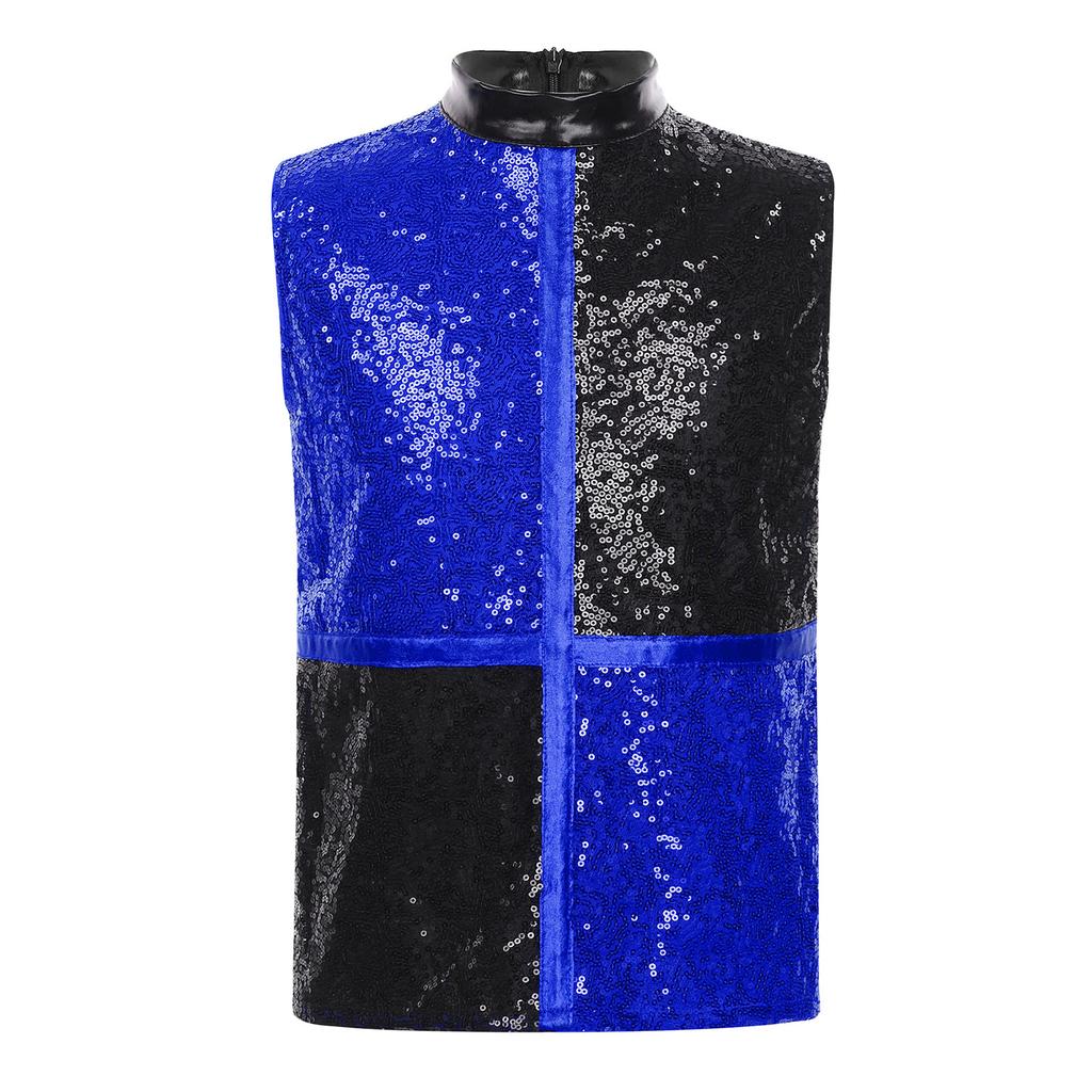 Boys Jazz Dance Top Mock Neck Sleeveless Back Invisible Zipper Shiny Sequins Color Block Stage Costume