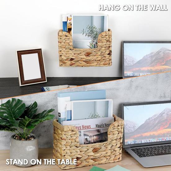Handwoven Water Hyacinth Basket Wall Magazine Organizer for Book File Newspaper Rustic Wicker Storage Bin with Single Handle for Entryway Bathroom