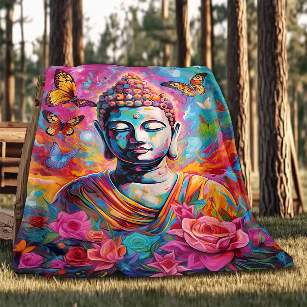 1pc Buddha Art, Butterfly Throw Blanket Polyester Fiber, Lightweight Flannel, Soft & Warm, All Season Use for Outdoor, Camping Digital Print