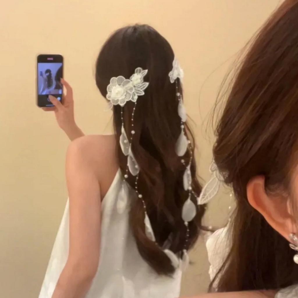 Flowers Pearl Petals Fringed Hairpin Super Fairy Temperament Girl Heart Side Duck Bill Clip Xiaohongshu Same Hair Accessories Woman