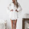 Women Mini Dress V Neck Long Flared Sleeve Crochet Hollow Out Chiffon Bandage Party Dress
