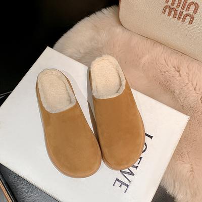 Осенне-зимние хлопковые туфли, плюшевые пушистые туфли для сохранения тепла, с одним педальным и полуприлегающим голенищем, женская кожа