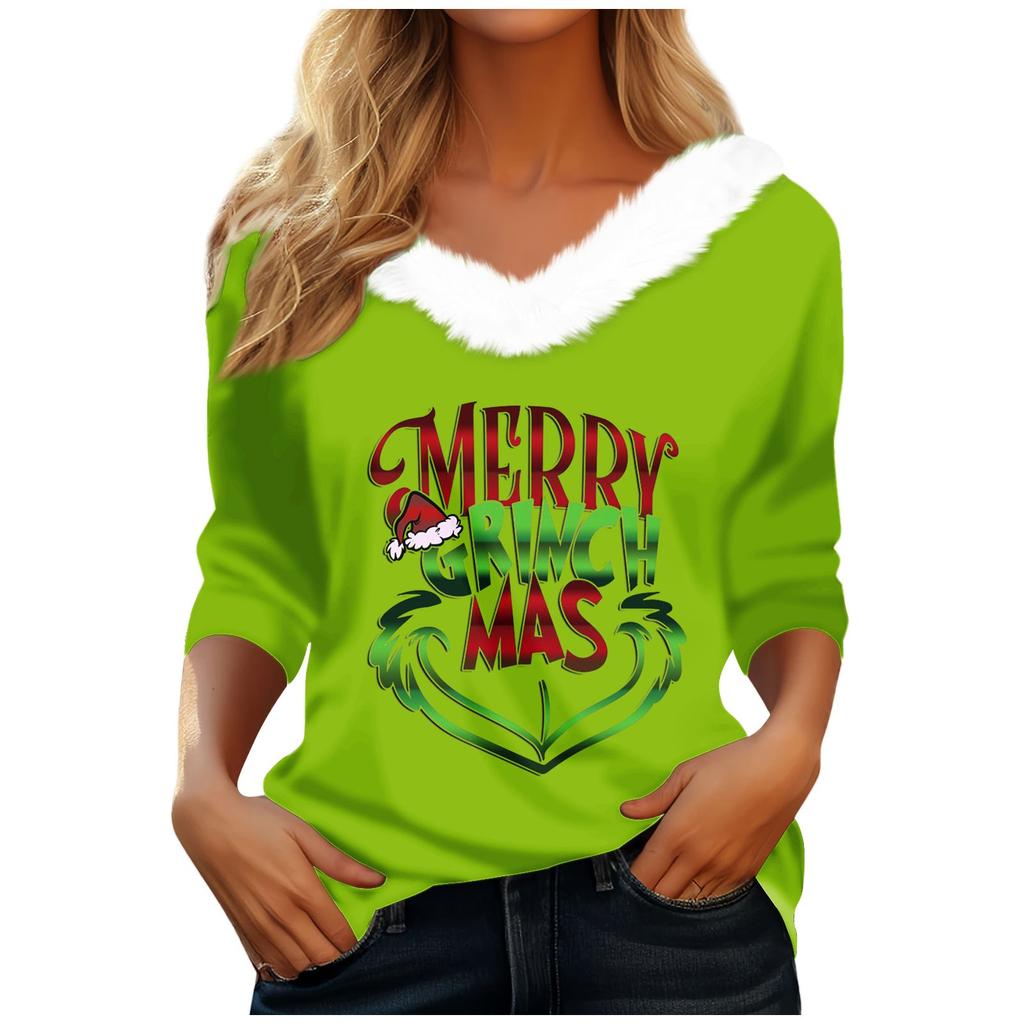 Women's T Shirt Tee Christmas Shirt Long Sleeve Party Christmas Fleece Collar V Neck  Top