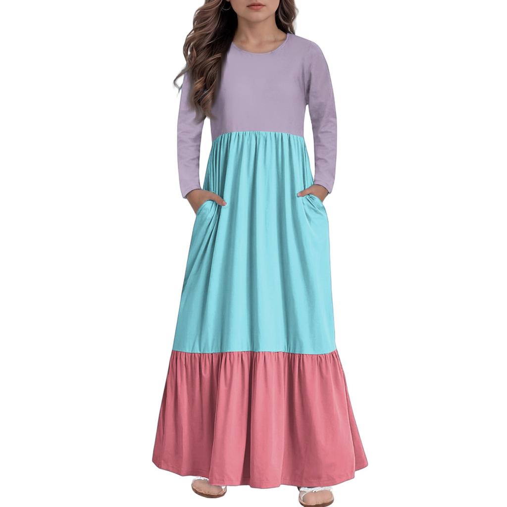 Girls' Maxi Dress Casual Holiday Dresses - Long Sleeve Dress With Pockets For 4-14Y
