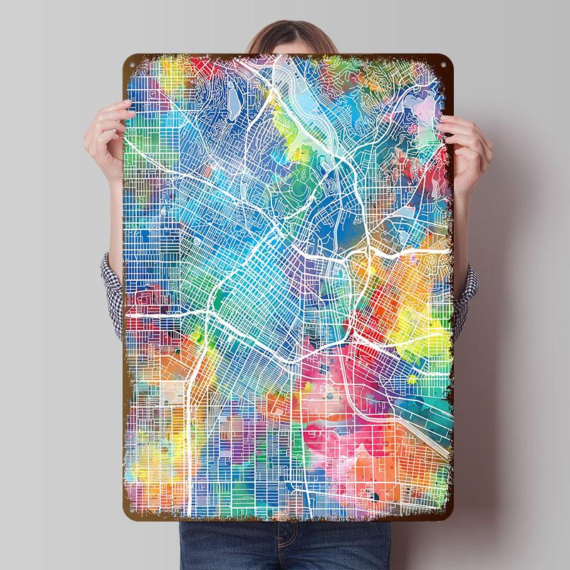 Los Angeles City Map Color Tinplate Poster Customized Wall Art Vintage Metal Signs Retro Tin Plaque for Bathroom Decor Man Cave