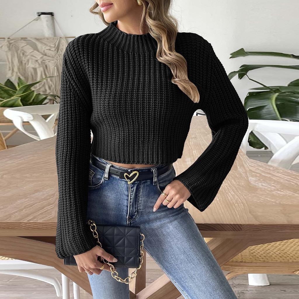 Women's Autumn And Winter Short Knitted Sweater With Flared Sleeves And A Half High Collar Pullover Sweater