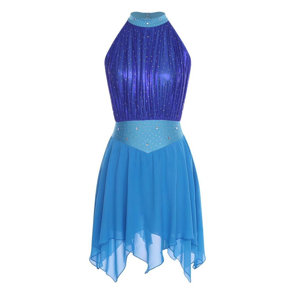 Womens Lyrical Dance Dress Ruched Metallic Mesh Rhinestone Detail Irregular Hem Sleeveless Backless Built In Briefs Leotard