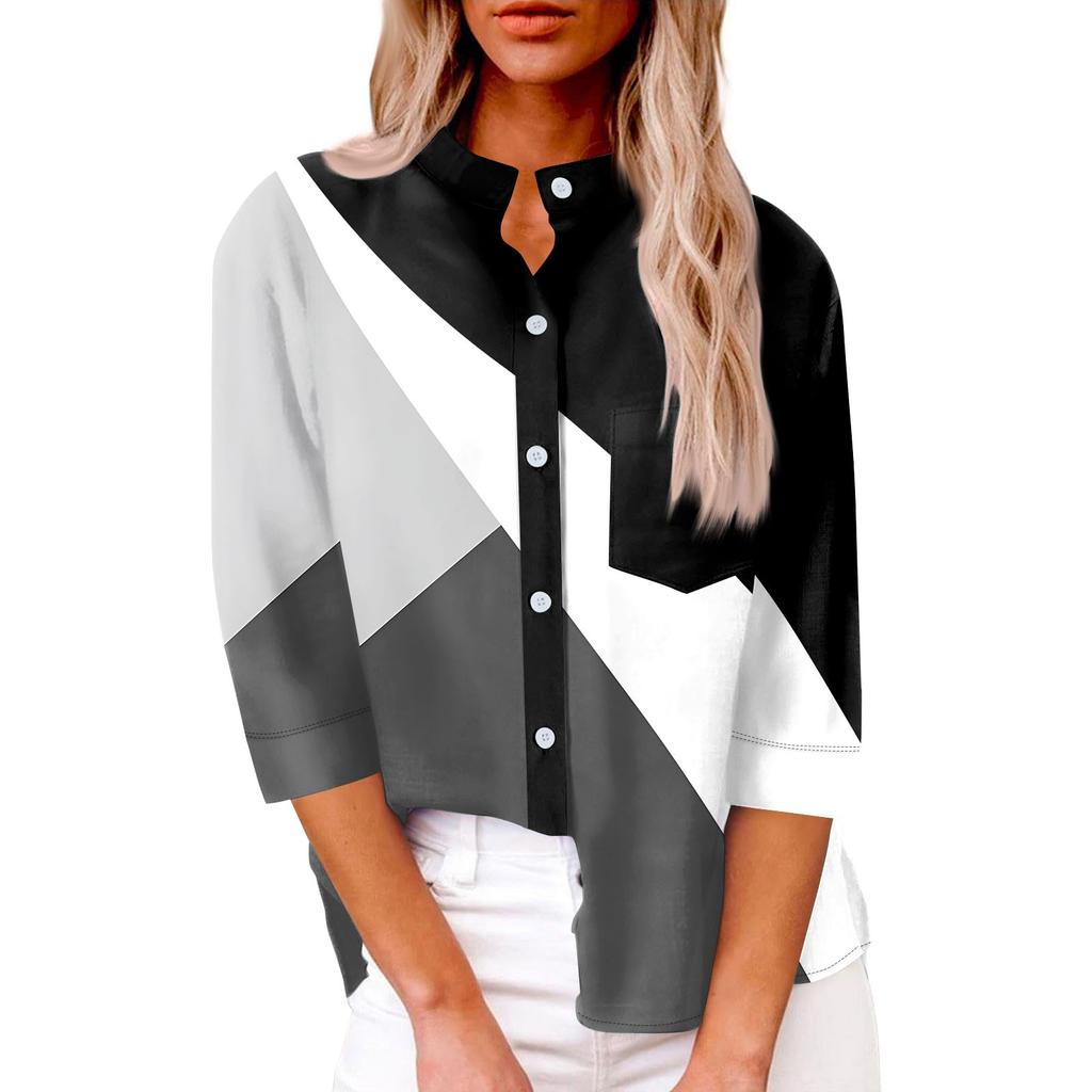 Women's Fashion Casual Shirt Button Loose Seven Sleeve Striped Patchwork Printed Top