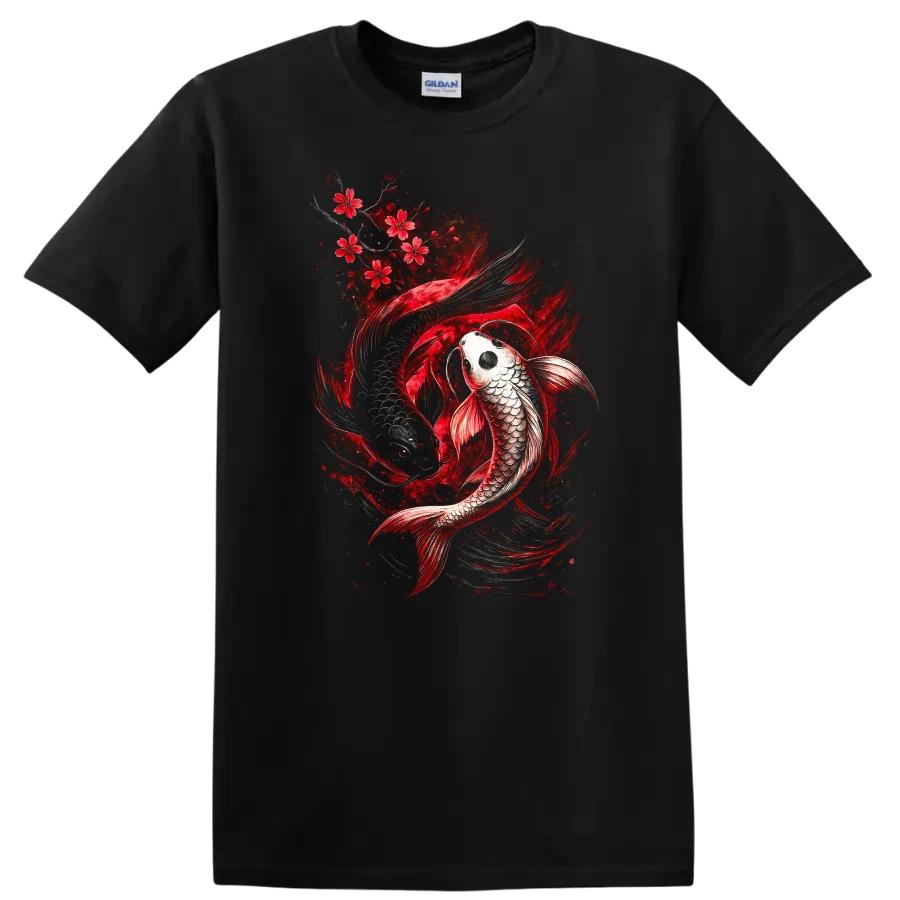 Japanese Koi Fish Art T Shirt with Red Flowers Beautiful Design Tee