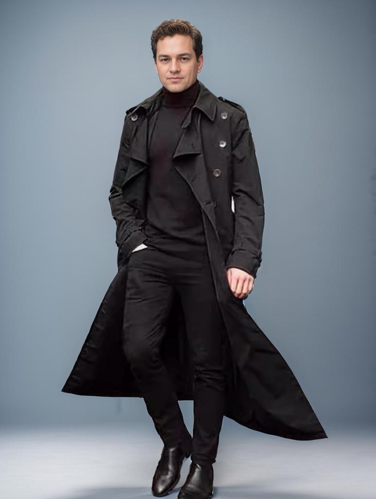 Men's Long Black Trench Coat, Slim Fit Double-Breasted Overcoat with Belt, Casual Business Outerwear