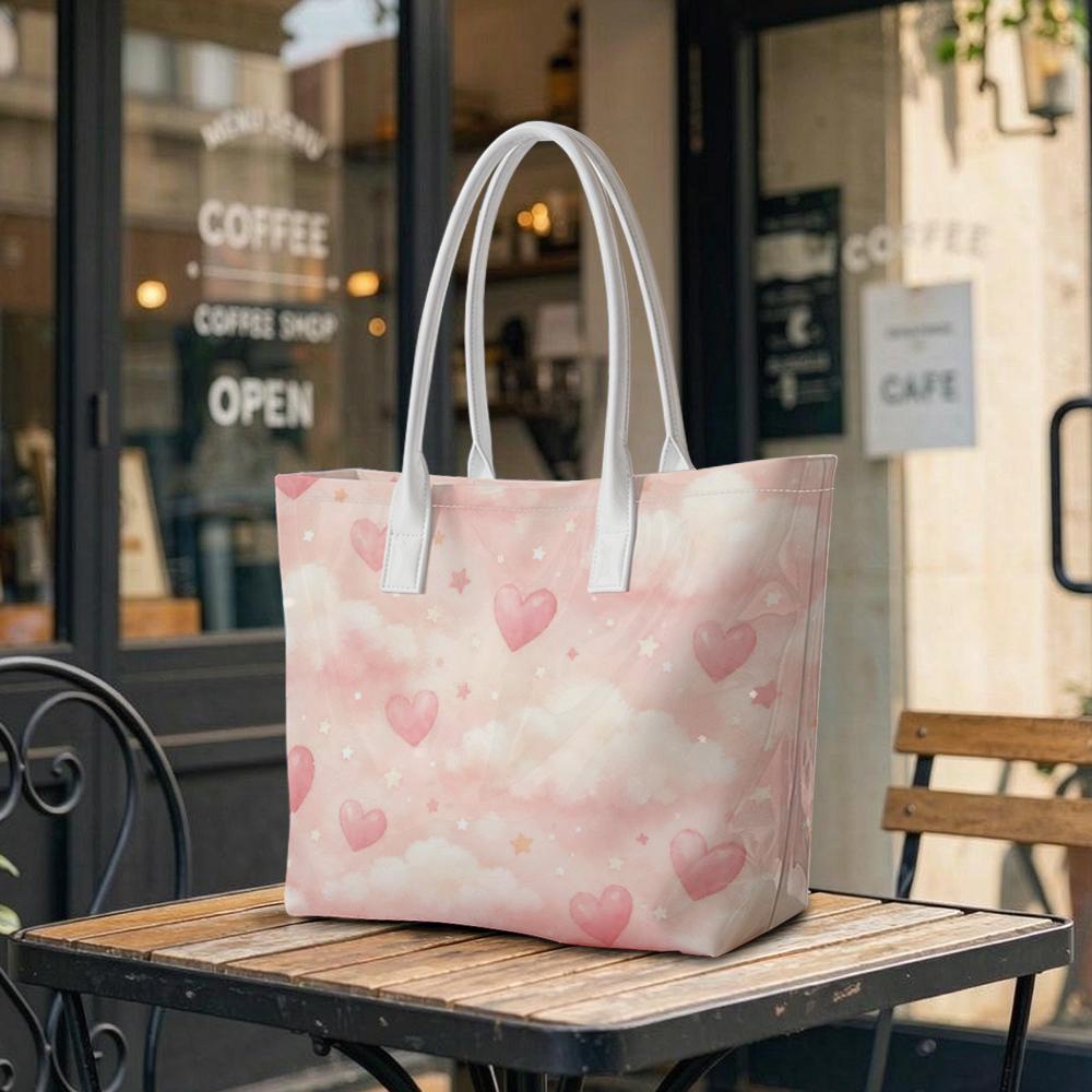 Sweet Pink Heart Pattern Tote Bag Stylish Casual Large Capacity Shoulder Bag for Daily Use