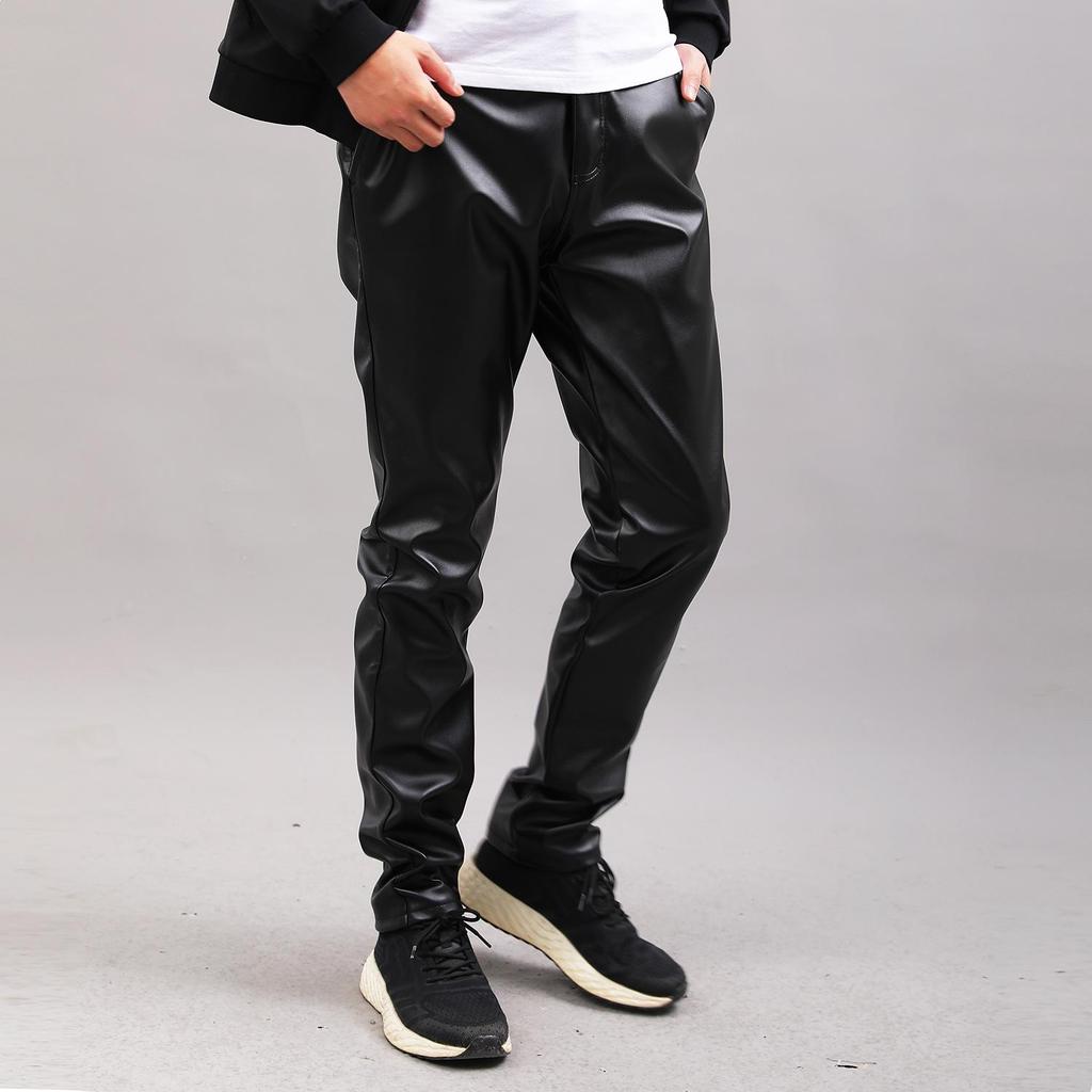 Men's Korean Style Slim Fit Motorcycle Leather Pants - Fleece-Lined, Skinny, Elastic, Spring/Autumn Trend