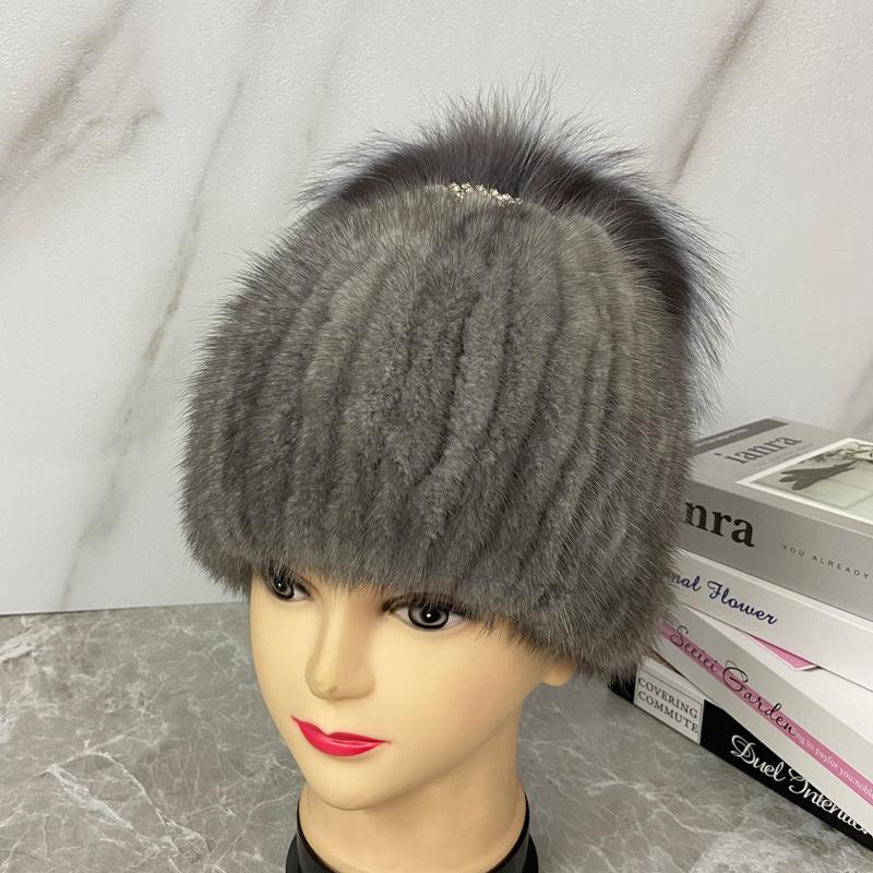 Real Fur Hat Women Knitted Mink Fur Diamond Fox Fur Tail Hat Female Girls Stylish Winter Warm Outdoor Beanie Penguin Hat