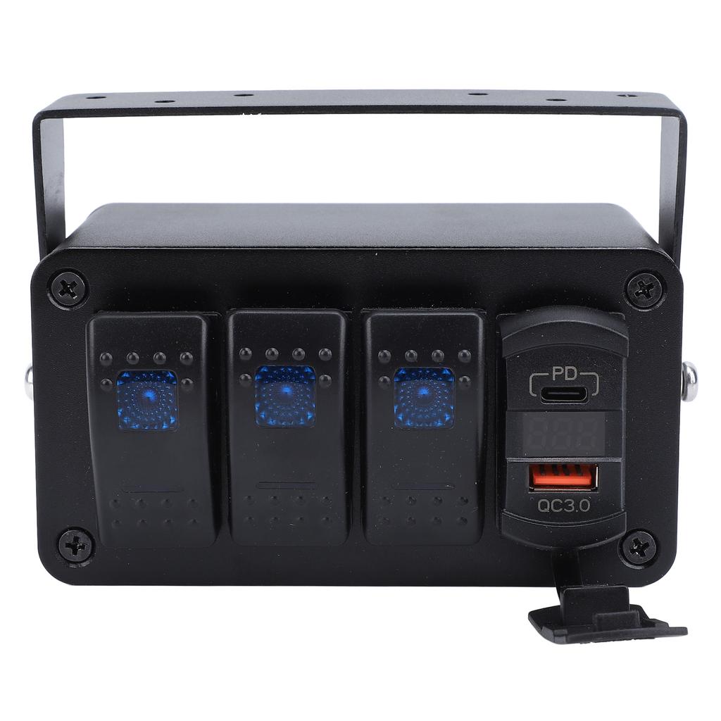 3 Gang Rocker Switch Panel DC12‑24V On Off Toggle Switch with PD Type C and QC3.0 USB Charger Voltmeter for Car Trucks