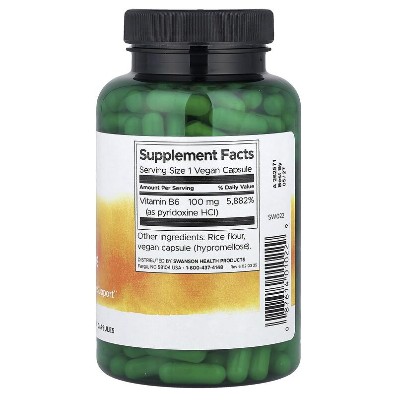 Vitamin B6 Pyridoxine, 100 mg, 250 Vegan Capsules