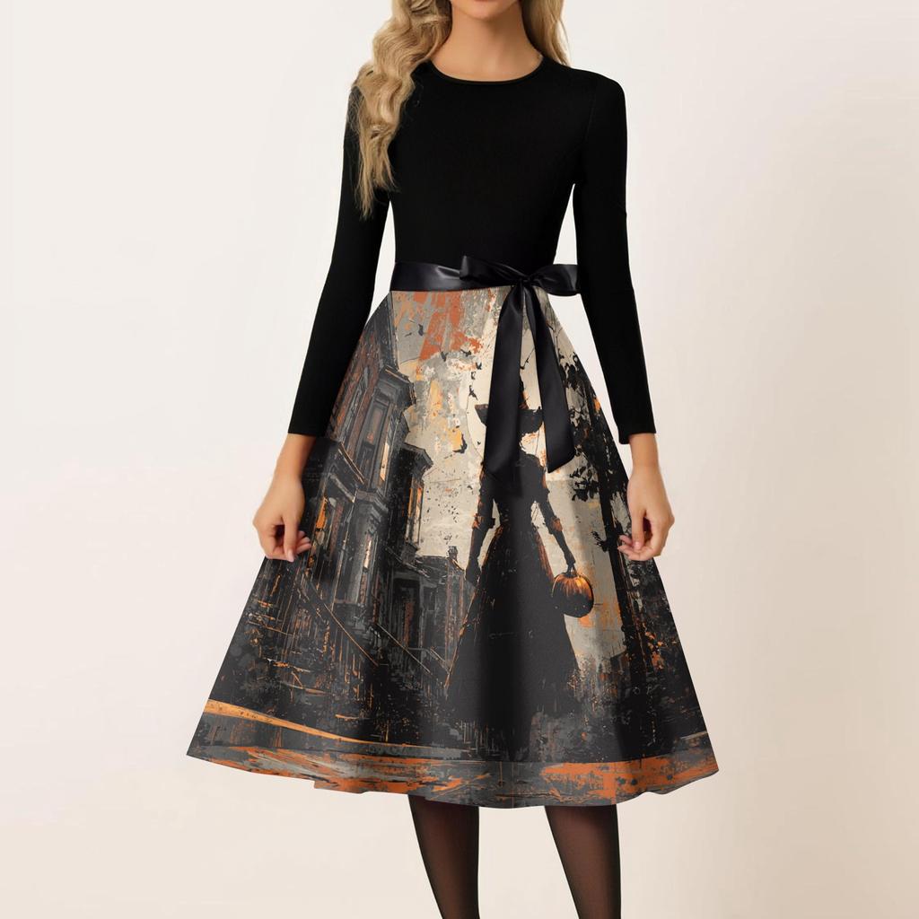 Women's Casual Fashion Round Neck Halloween Printed Vintage Dress