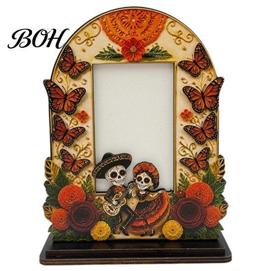 Unique Festival Gift Ideas Dia De Los Muertos Wooden Photo Frame Tabletop Decor, Day of The Dead Sugar Skull Ornaments Memorial Picture Holder