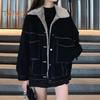 Women Jacket Thick Plush Lined Solid Color with Pockets Lapel Single-breasted Long Sleeves Warm Loose Denim Jacket Daily Outdoor Coat