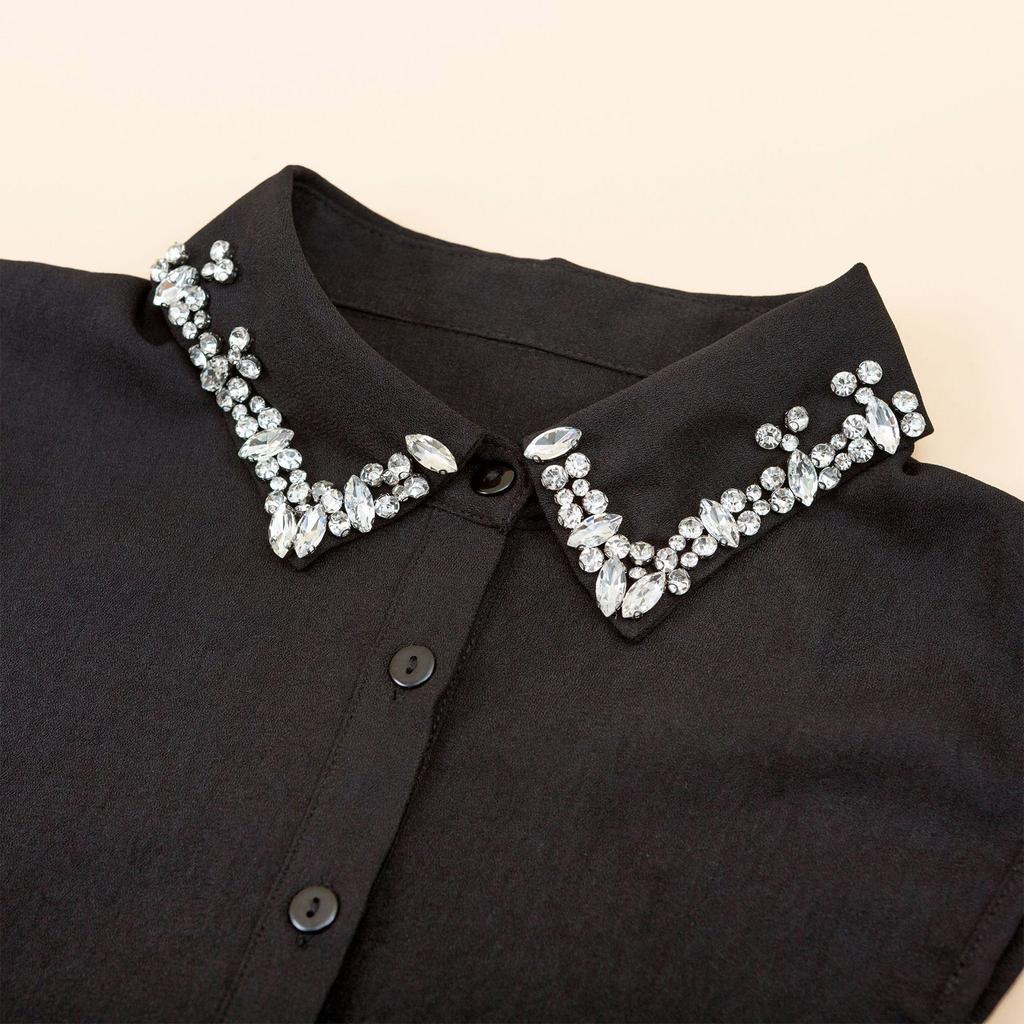 Women's Rhinestone Faux Collar Chiffon Blouse M