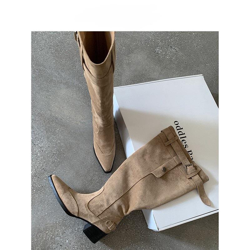 Wasteland Style Fashion Pointed Big Tube Around Piling Boots Women's Thick Heel Pointed High Heel Boots Versatile Boots