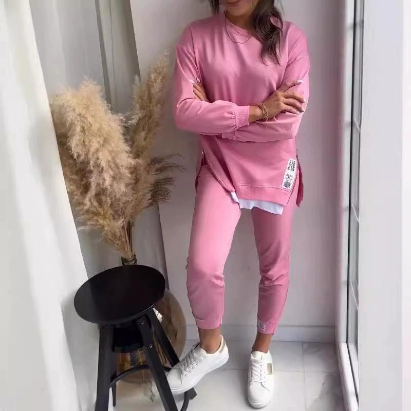 Осенний лоскутный свободный комплект из двух предметов, женский модный свитер с длинным рукавом, повседневный спортивный костюм с капюшоном и брюками-карандашами