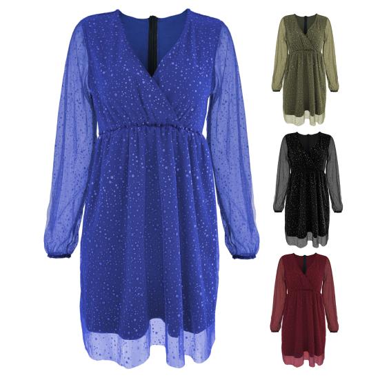 Women Spring Fall Dress Deep V Neck Long Mesh Sleeve Shiny Sequin Lantern Sleeve Double-layered Tight Waist Prom Cocktail Party Mini Dress