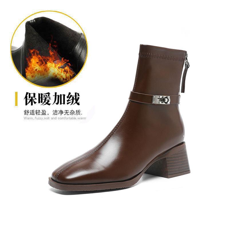 Короткие сапоги на высоком каблуке женские новые осенне-зимние сапоги 2024 года на толстом каблуке женские тонкие модные сапоги средней высоты коричневые французские короткие сапоги