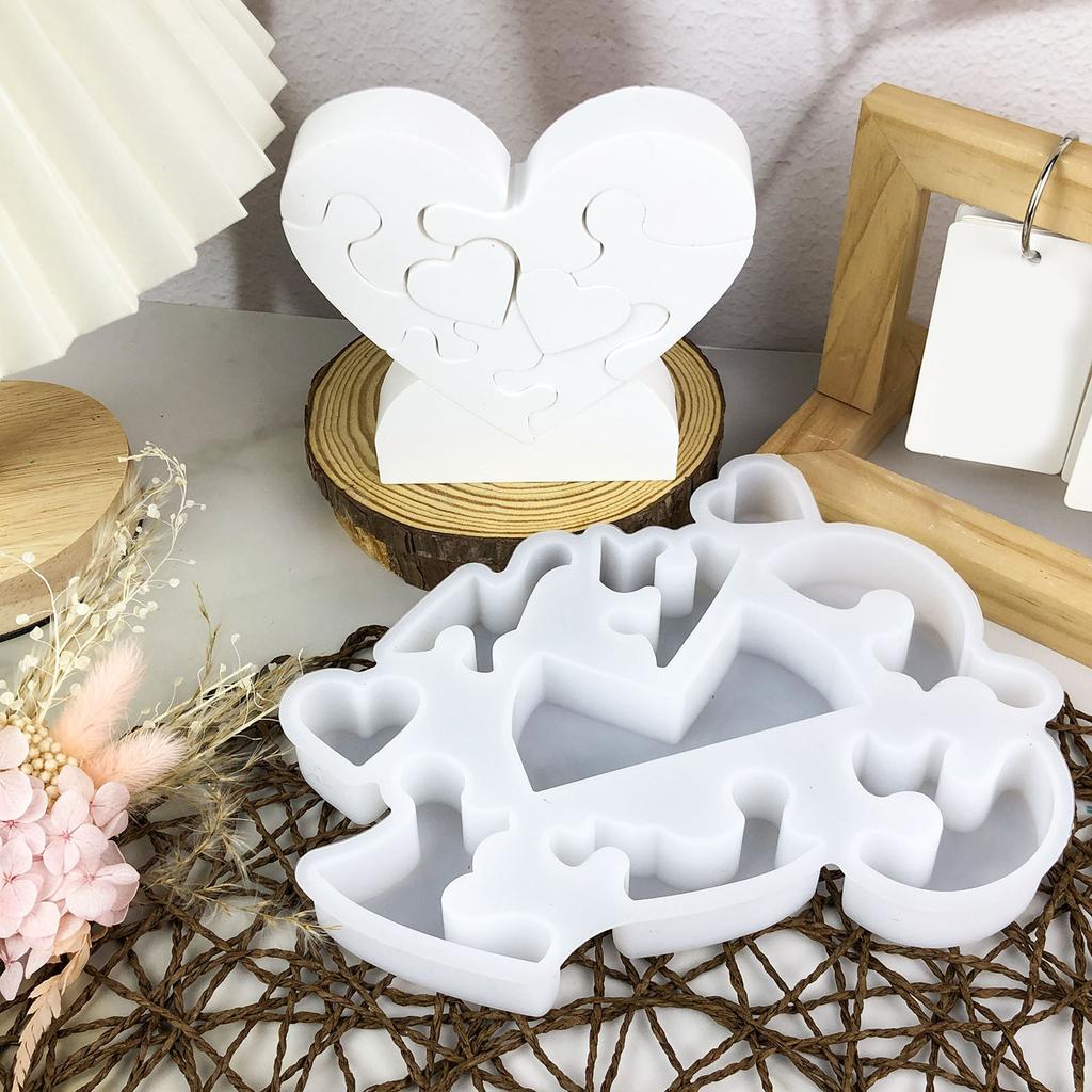 Desk Ornament Mould Flexible Silicone Mold for Love Heart Puzzle Shaped Decoration Gypsum Mold Jewelry Making Supplies