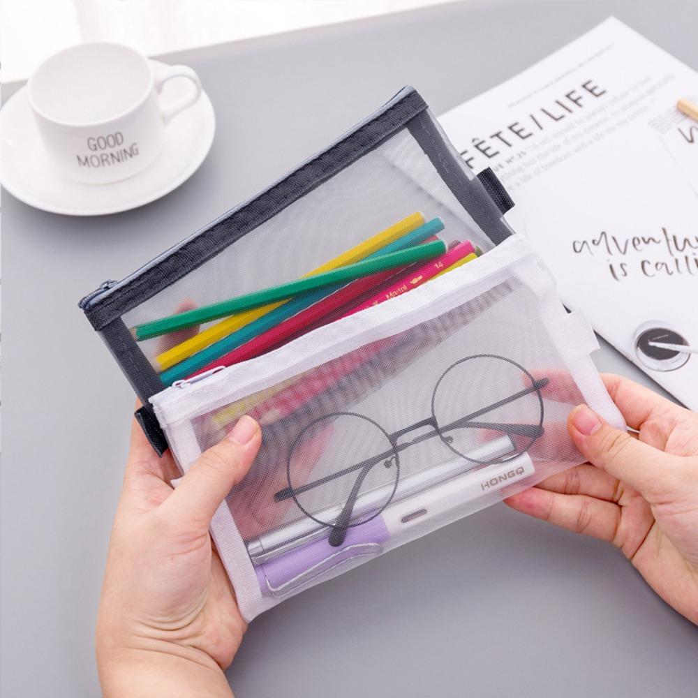 Mesh Stationery Case Large Capacity Storage Bag New Zipper Pencil Bag  Gift