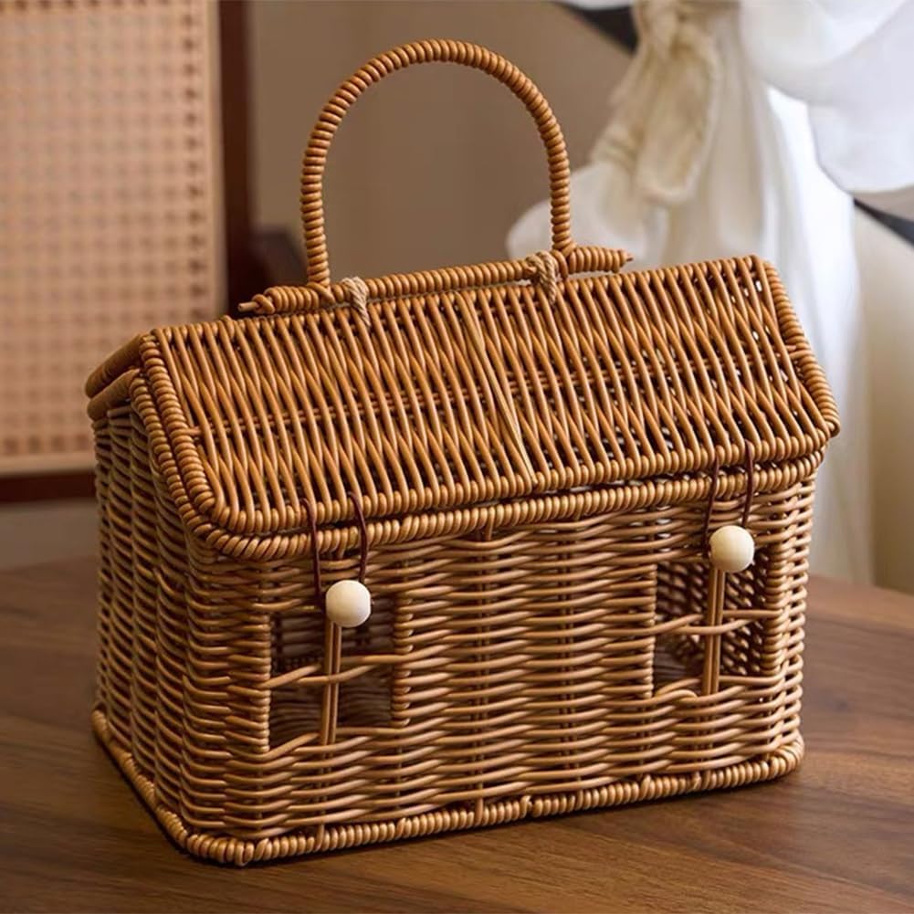 House-Shaped Wicker Basket with Lid - Handwoven Rattan Storage Basket for Home Decor, Kids Picnic, Organizer | Decorative Brown Woven Gift Box,