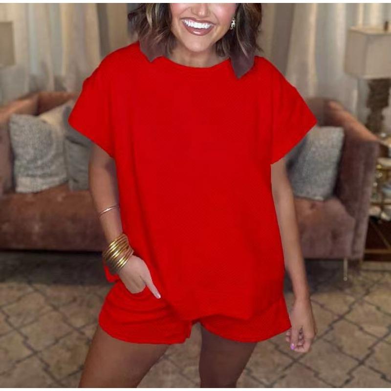 Однотонный топ с круглым вырезом и короткими рукавами для женщин, весна-лето, фактурная ткань, модные шорты, комплект для женщин, костюмы и комплекты для женщин