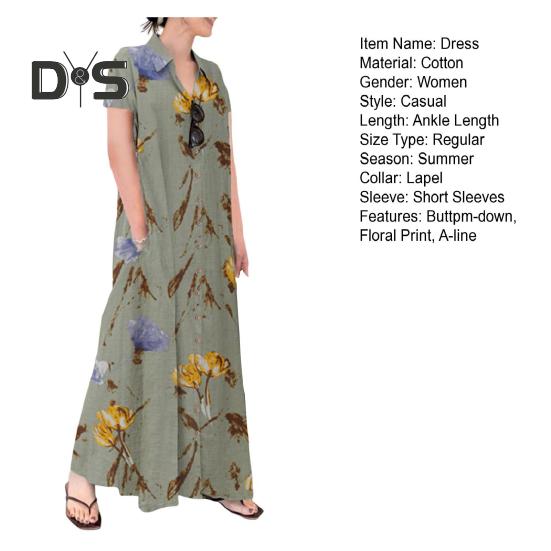 Женское летнее платье трапециевидной формы с лацканами, свободная рубашка с цветочным принтом, с короткими рукавами на пуговицах и боковыми карманами, длинное платье до щиколотки